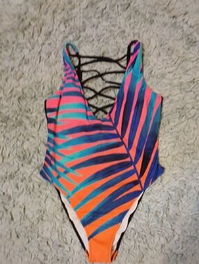 PINK Black, Blue, And Pink Tropical One Piece Bathing Suit